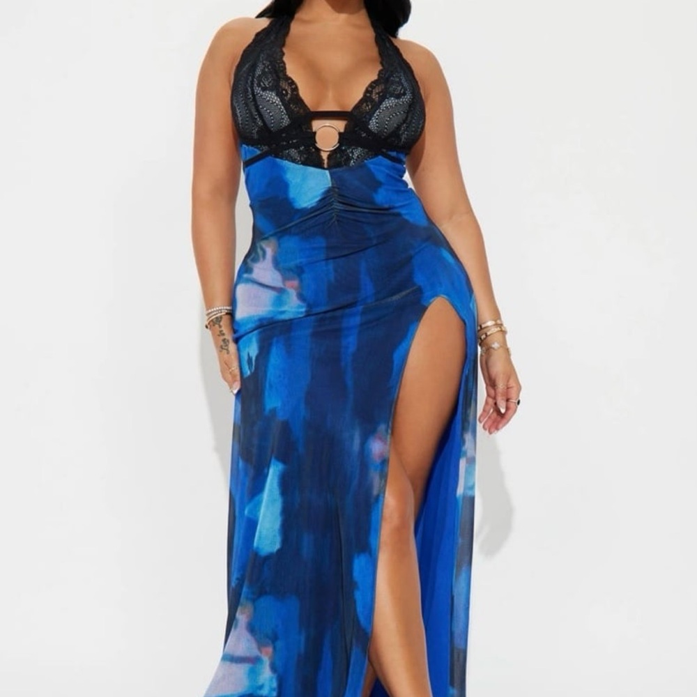 Blue and Black Halter Maxi Dress